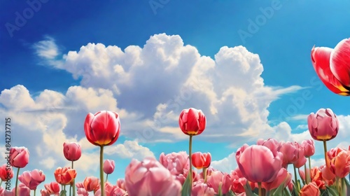 summer hill full of beauty tulips flower with blue skya nd white cloud background photo