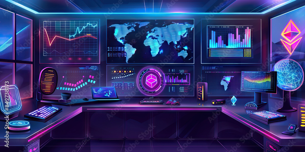 Blockchain Analyst: Futuristic Workspace with Cryptocurrency Charts, Blockchain Nodes, and Smart Contract Code Blockchain Analyst: Futuristic Workspace with Cryptocurrency Charts, Blockchain Nodes, and Smart Contract Code