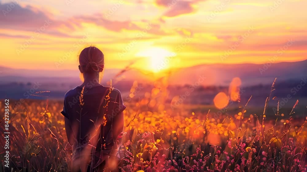 Woman in field of flowers watching sunset with warm golden hues Woman in field of flowers watching sunset with warm golden hues