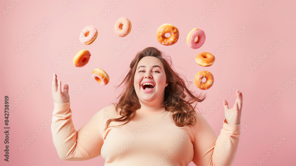 An overweight woman playfully throwing donuts, her face filled with smiles and laughter, donuts floating in the air as she prepares to throw another An overweight woman playfully throwing donuts, her face filled with smiles and laughter, donuts floating in the air as she prepares to throw another