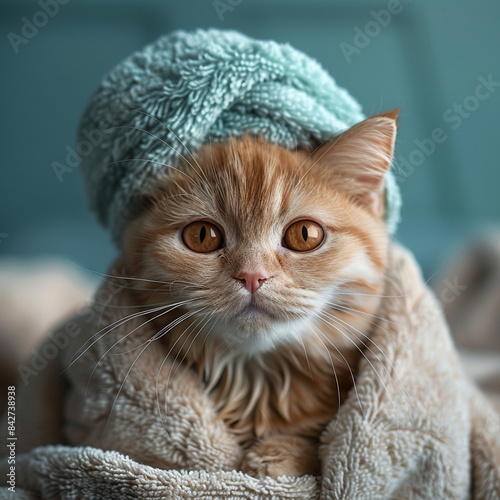 Wellness beauty relaxation pet animal banner - Cute relaxing chilling cat with towel turban on his head and bathrobe, isolated on blue turquoise color background