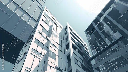 Low angle,Modern Architecture 3D illustration. Architecture building construction perspective paper cut style, underside view urban building abstract background