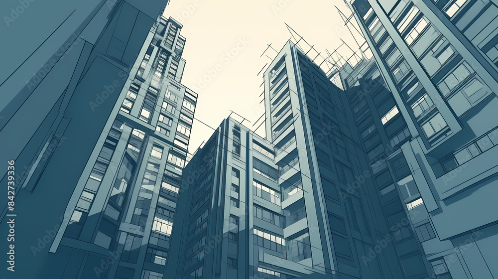 Low angle,Modern Architecture 3D illustration. Architecture building construction perspective paper cut style, underside view urban building abstract background Low angle,Modern Architecture 3D illustration. Architecture building construction perspective paper cut style, underside view urban building abstract background