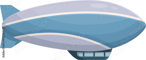 Large blue and grey blimp flying in a clear sky