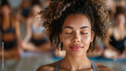 A serene woman with eyes closed meditates in a yoga class, illustrating calmness, mindfulness, and well-being