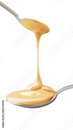 Custard or condensed milk dripping from spoon on white background 