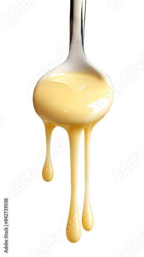 Custard or condensed milk dripping from spoon on white background 