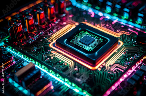A processor on a circuit board with pulsating neon lights gives a sense of dynamic energy flow. 8k resolution image Generative AI image. 