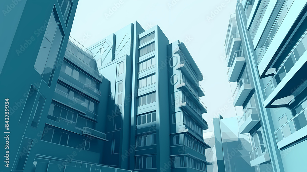 Low angle,Modern Architecture 3D illustration. Architecture building construction perspective paper cut style, underside view urban building abstract background Low angle,Modern Architecture 3D illustration. Architecture building construction perspective paper cut style, underside view urban building abstract background