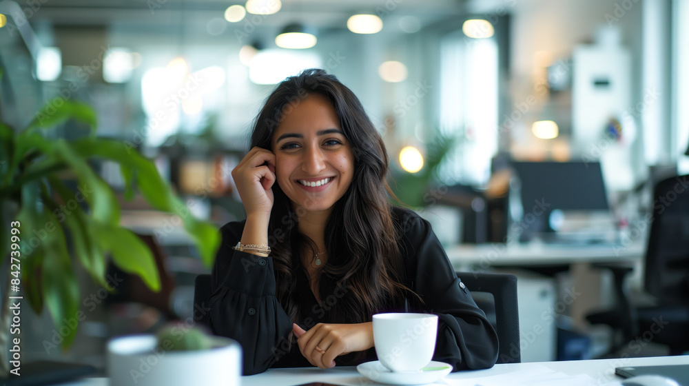 Woman at her desk in the sleek office space Woman at her desk in the sleek office space