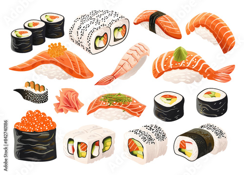 Set of 3D realistic isometric vector fresh japanese food, sushi design concept collection