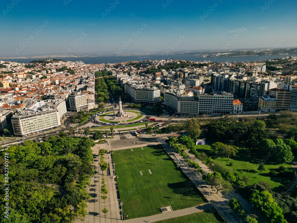 Fototapeta premium AERIAL View of Eduardo VII park with labyrinth in Lisbon, Portugal 