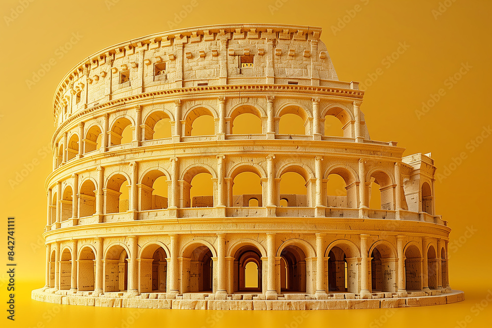 Fototapeta premium The Colosseum is made from pasta, spaghetti on yellow background, art creative, 3D rendering