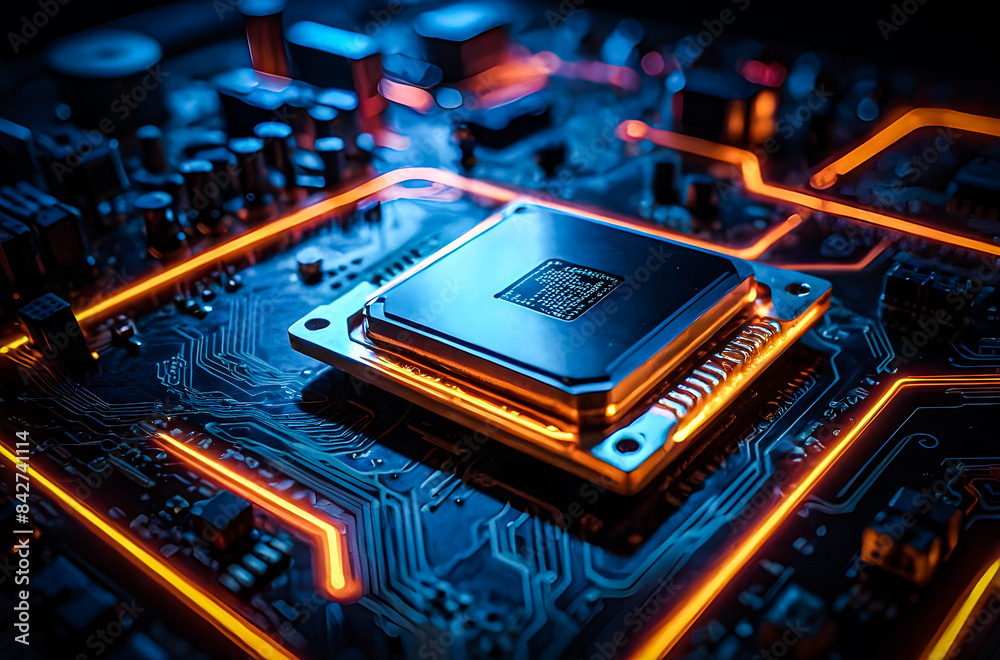 A processor on a circuit board with pulsating neon lights gives a sense ...