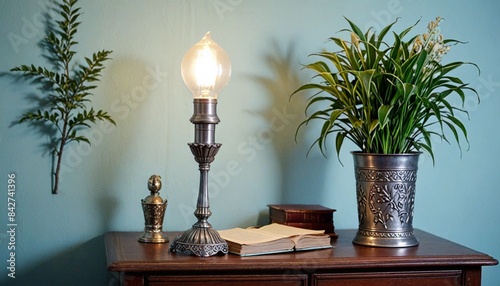 机の上の照明と観葉植物