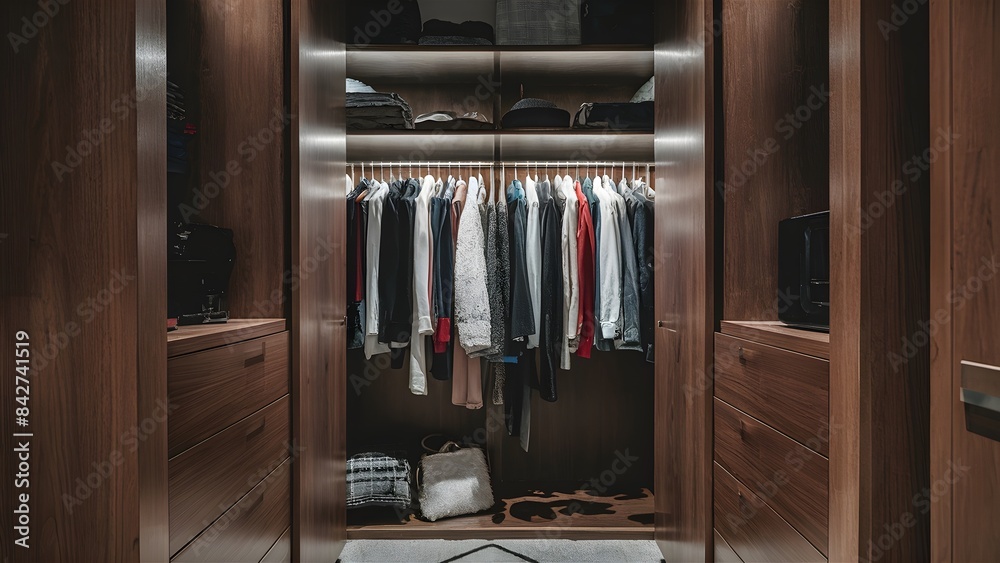 House interior featuring a modern luxury built-in brown wooden wardrobe neatly packed and arranged with t-shirts, bags, and shoes inside. It exemplifies organized clothes storage.