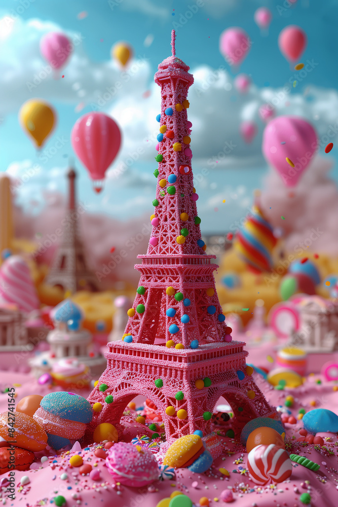 The Eiffel Tower is made of candy on pink background, art creative, 3D rendering The Eiffel Tower is made of candy on pink background, art creative, 3D rendering