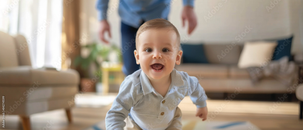 A baby is running around in a living room with a smiling face A baby is running around in a living room with a smiling face