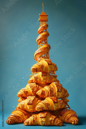 The Eiffel Tower is made of croissants on blue background, art creative, 3D rendering photo