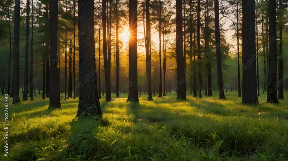 Naklejka premium View of the natural landscape in a beautiful forest outdoors at sunset. Summer colors, including orange and yellow sunlight, pass between the trees. The environment features green and red hues.