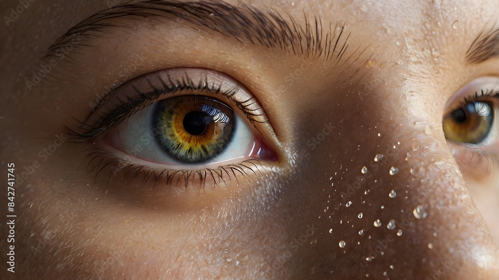 Close-up of a beautiful face and eye of a woman. Portrait of a female person. Concept of eye health, skin, and the attractiveness of human nature Close-up of a beautiful face and eye of a woman. Portrait of a female person. Concept of eye health, skin, and the attractiveness of human nature