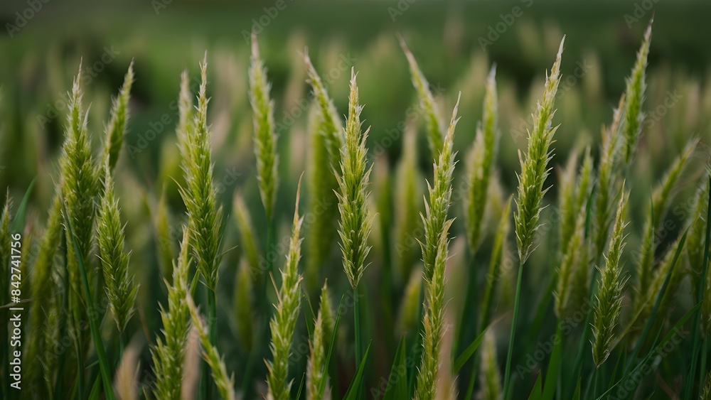 Close-up image of a green plant or grass in a field with a natural background. Fresh outdoor living environment, featuring a lawn, greenery, leaves, and trees Close-up image of a green plant or grass in a field with a natural background. Fresh outdoor living environment, featuring a lawn, greenery, leaves, and trees