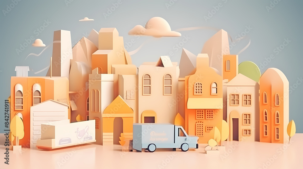 Low angle,Modern Architecture 3D illustration. Architecture building construction perspective paper cut style, underside view urban building abstract background Low angle,Modern Architecture 3D illustration. Architecture building construction perspective paper cut style, underside view urban building abstract background