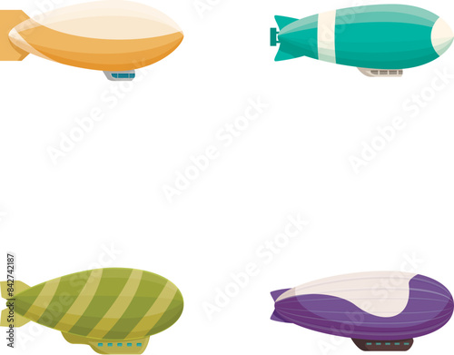 Collection of colorful cartoon airships. Including blimps. Zeppelins. And dirigibles. In a whimsical and playful vector illustration set with a variety of flat design. Isolated icons