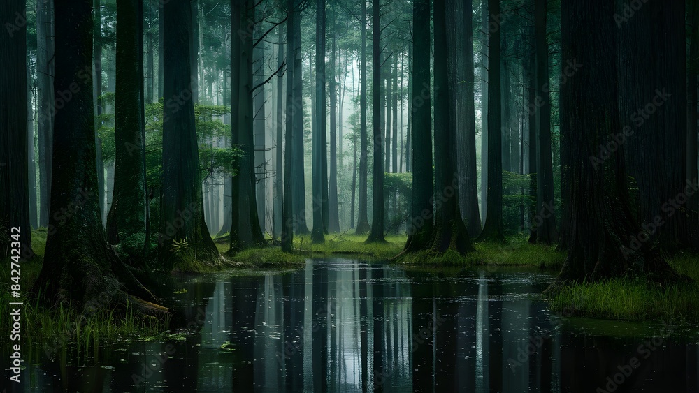 The landscape of a mysterious dark swamp with tall trees and moss, overgrown with water and other natural plants at dawn. The fog in the distance obscures further views. The landscape of a mysterious dark swamp with tall trees and moss, overgrown with water and other natural plants at dawn. The fog in the distance obscures further views.