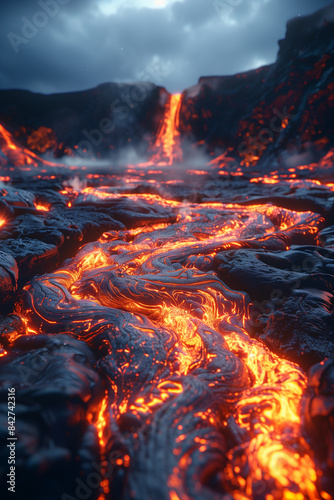 Volcanic eruption with glowing lava flows 