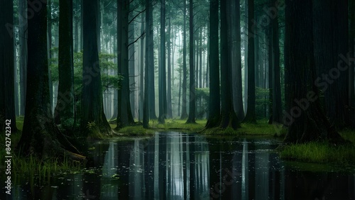 The landscape of a mysterious dark swamp with tall trees and moss, overgrown with water and other natural plants at dawn. The fog in the distance obscures further views.