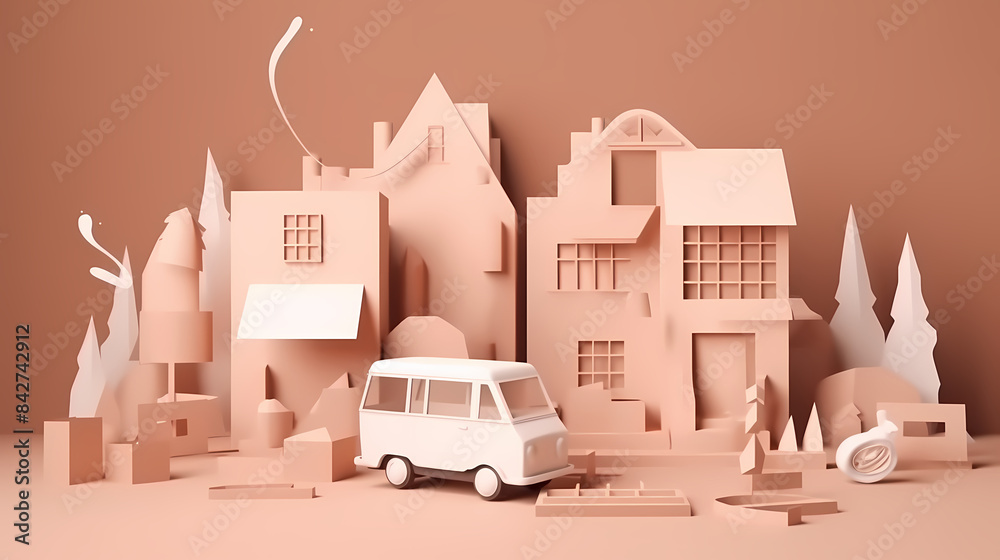 Low angle,Modern Architecture 3D illustration. Architecture building construction perspective paper cut style, underside view urban building abstract background Low angle,Modern Architecture 3D illustration. Architecture building construction perspective paper cut style, underside view urban building abstract background