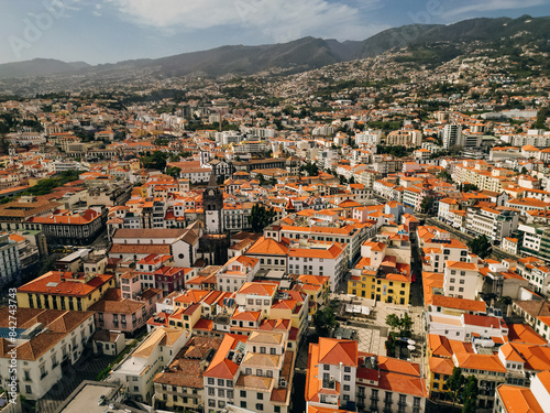 Funchal city of Madeira island Portugal with fortress on the coast of Atlantic Ocean. Aerial view