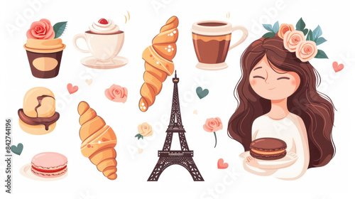 France and Paris cute sticker set of Eiffel tower, cafe, croissant, macaroons, beautiful girl holding photo camera, roses bouquet, cappuccino on white background. Flat illustration. Travel, vacation