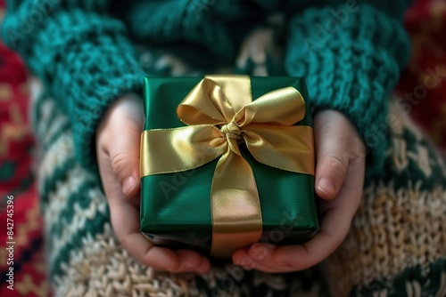Two kids hands holding green present box with gold satin ribbon. Present for Christmas, New year, Three Kings day