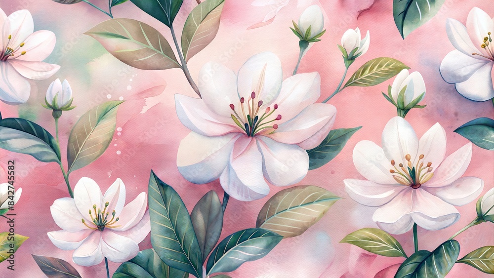 Obraz premium Watercolor illustration of white flowers with green leaves on a pink background