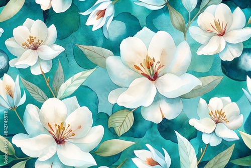 Watercolor painting of white flowers on teal background