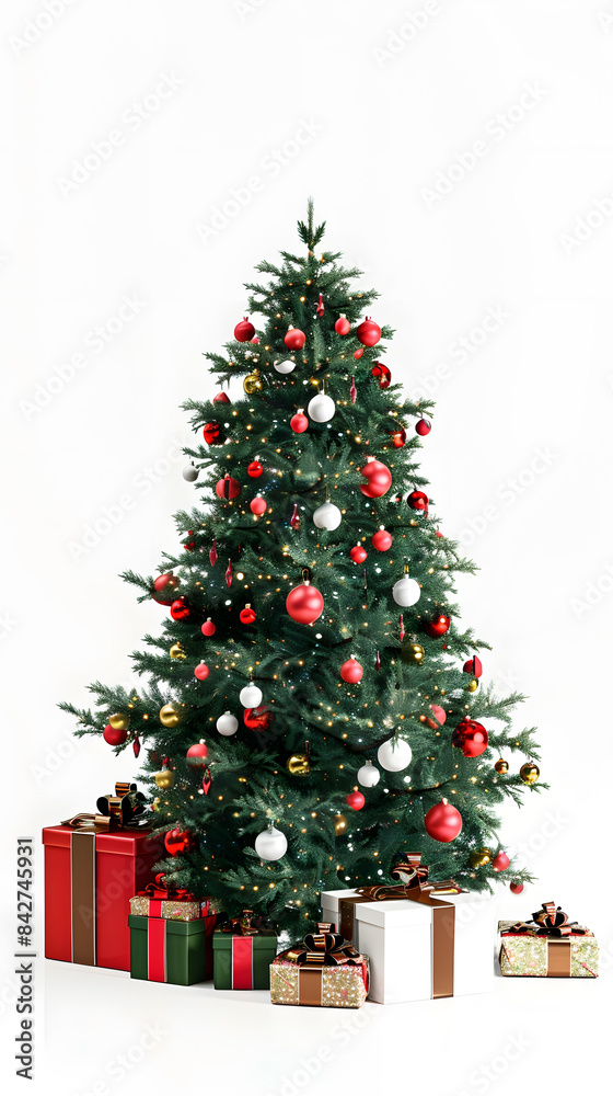 Decorated Christmas tree with gifts isolated on white background Decorated Christmas tree with gifts isolated on white background