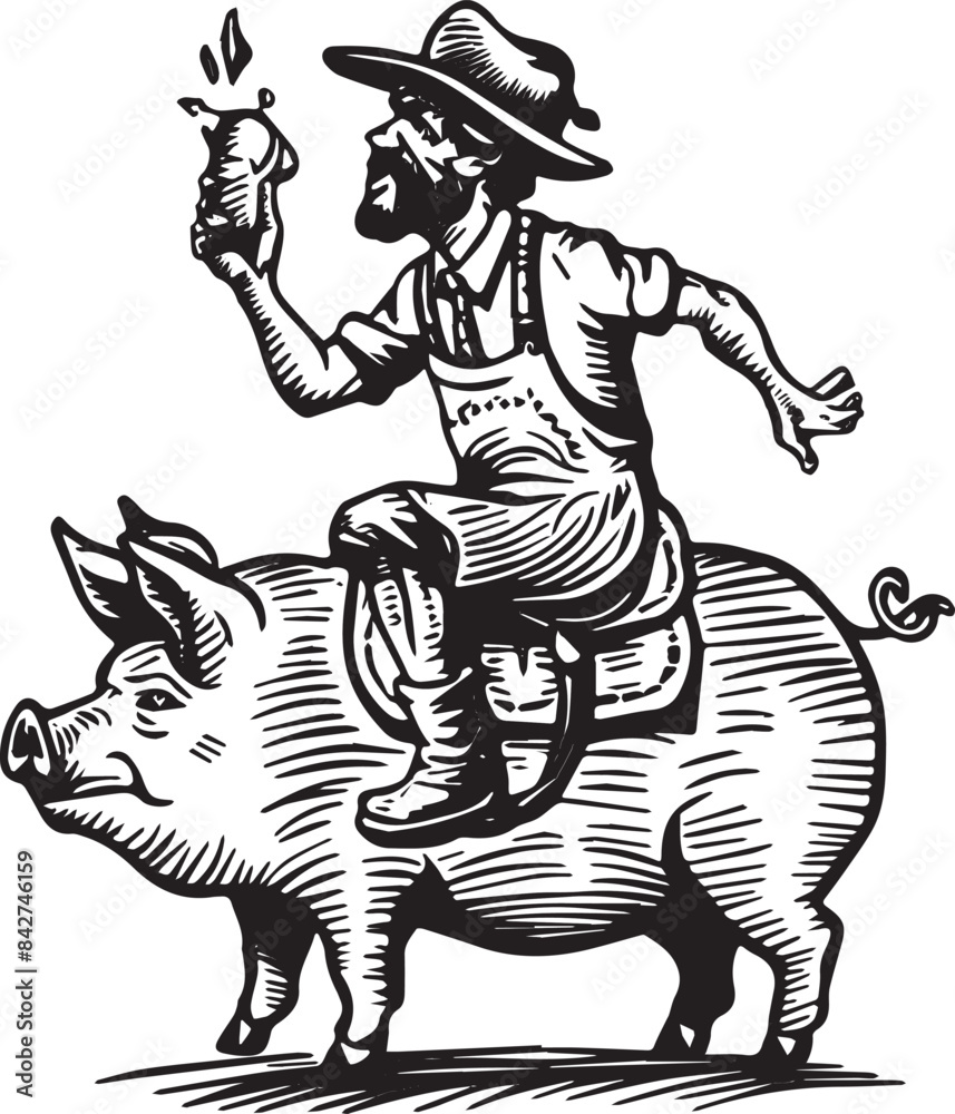 Fototapeta premium bohemian doodle art logo mark of a butcher riding a pig's back