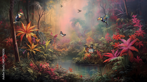 wallpaper jungle and leaves tropical forest river wall mural toucan and birds butterflies old drawing vintage background	 photo