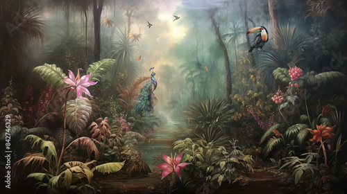 tropical wallpaper with white peacock birds with trees plants and birds in a vintage style landscape