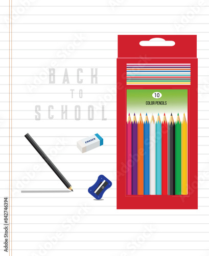 Back school retro banner. Back to school. Education concept, pencil, color pencil box, eraser, sharpener and a notebook, vector illustration.
