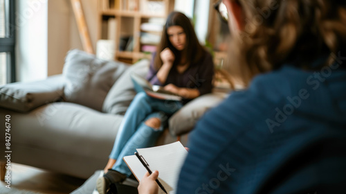 psychology, mental health and people concept - close up of male psychologist with notebook in office during psychotherapy session, patient on the background. psychotherapist support. Selective focus