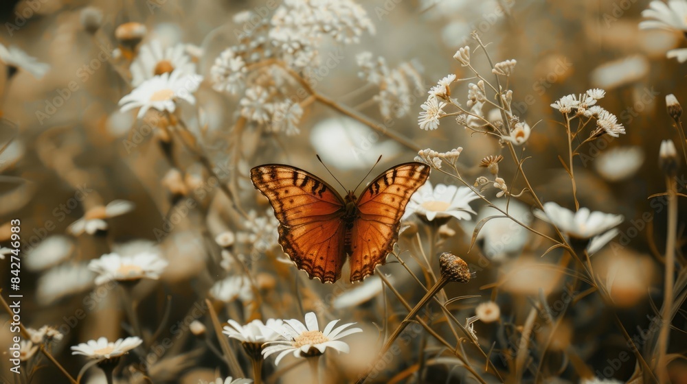 Obraz premium Butterfly with brown wings resting on a white bloom in the field