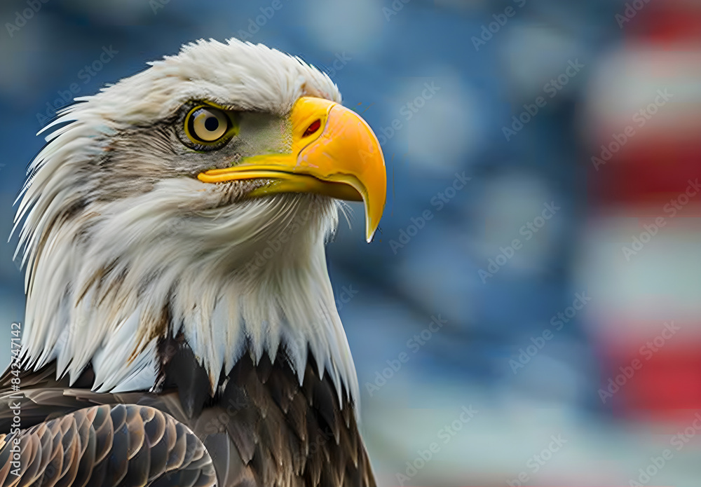 Obraz premium Eagle on the background of the American flag, representing patriotism and pride in the United States. Suitable for USA flag day and Independence Day celebrations.