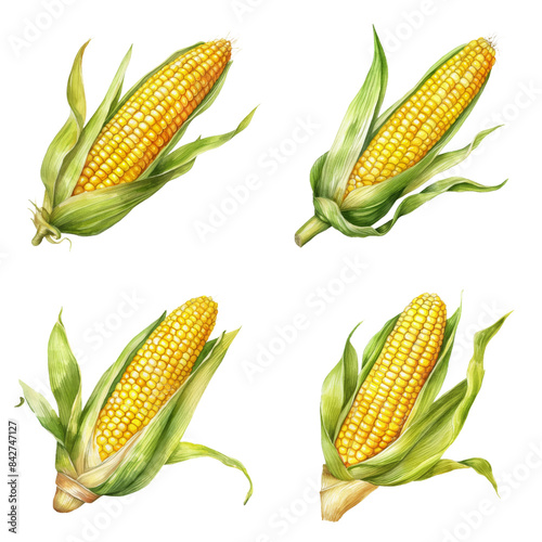 A watercolor illustration of four ears of corn with husks on a white background