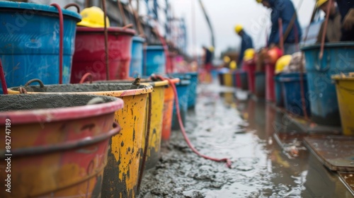 Wallpaper Mural The team lines up buckets filled with reinforced concrete ready to be transported to the designated pour site. Torontodigital.ca