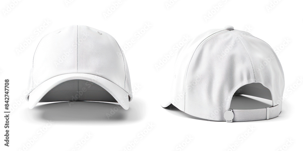 A plain white baseball cap is displayed from both front and back views. The cap features a classic design with a curved brim, ventilation holes, and an adjustable strap at the back A plain white baseball cap is displayed from both front and back views. The cap features a classic design with a curved brim, ventilation holes, and an adjustable strap at the back