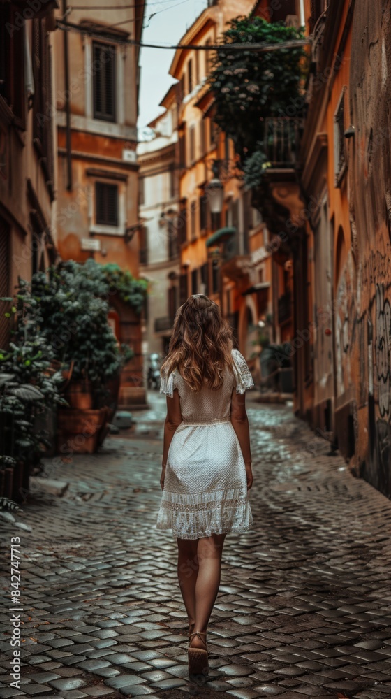 Naklejka premium A woman in a white dress walking down a cobblestone street