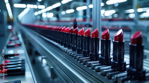 Wallpaper Mural Crimson lipsticks with sleek black casings are neatly aligned on a production conveyor, beauty industry's precision, virtual screen blend  Torontodigital.ca